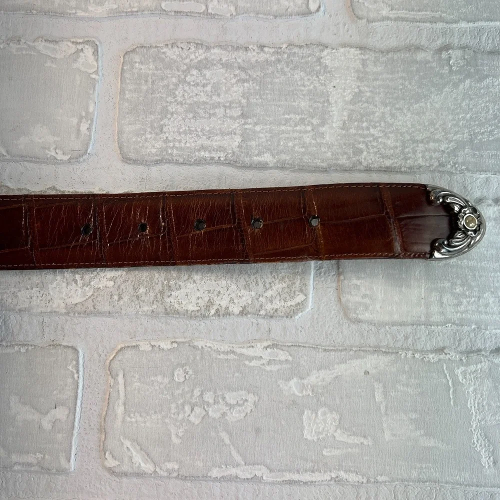 Brighton Belt Womens Medium Brown Croc Embossed Ornate Silver Buckle Pearls 1996